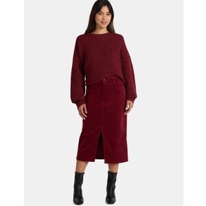 Time & Tru Corduroy Midi Skirt Wine Burgundy Front Slit Size 10 NWT